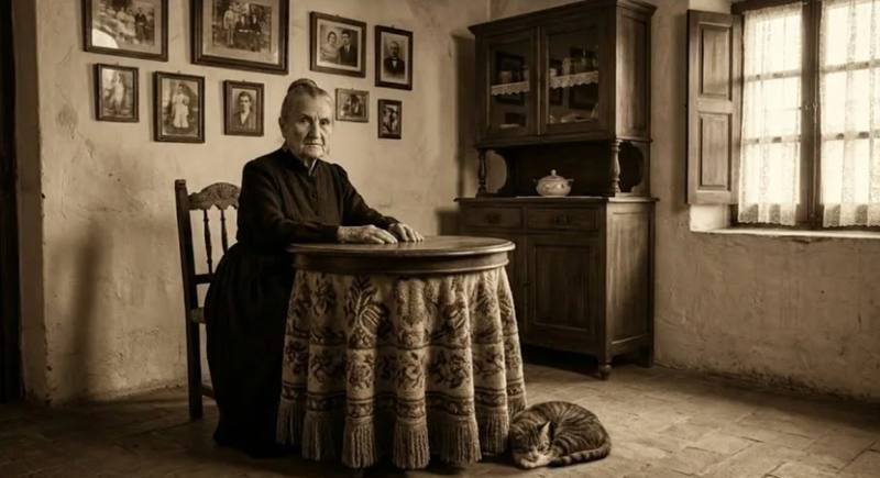 Fotografía en sepia de la bisabuela Tomasa sentada junto a su mesa camilla